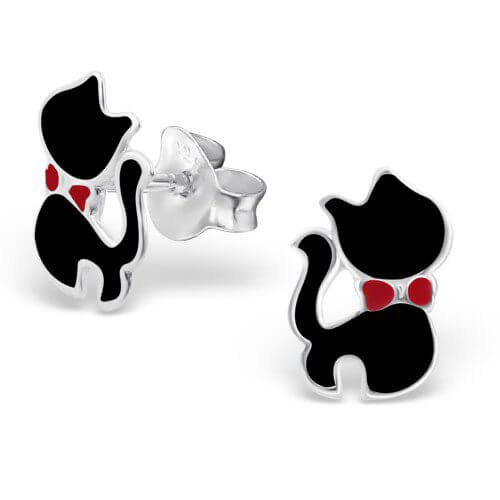 Boucles d'oreilles enfant chat noir en argent