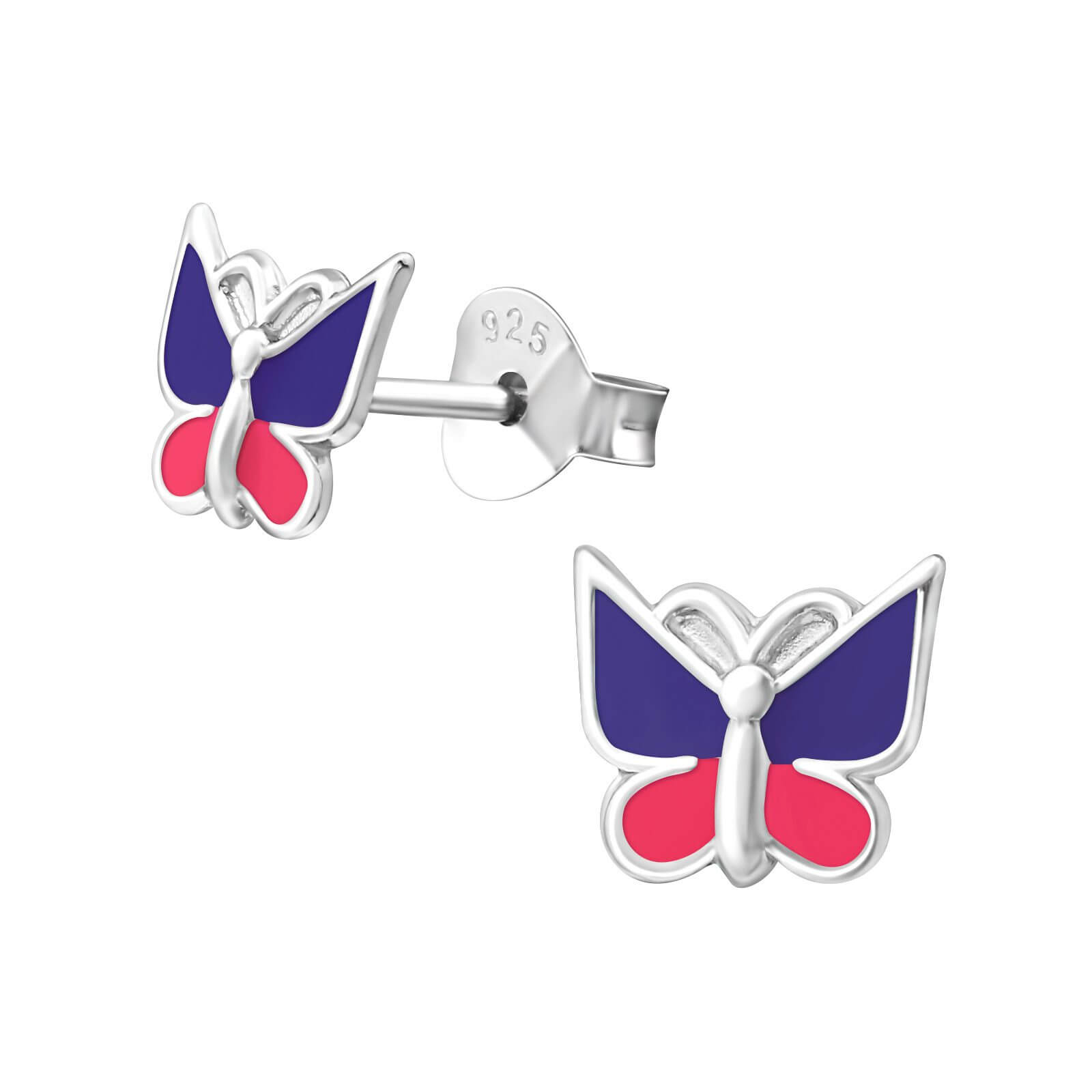 Boucle d'oreille enfant argent papillon violet et rose