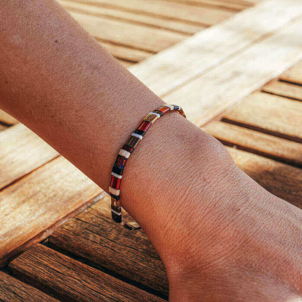 Bracelet perles de verre et acier multicolore rouge – Image 3